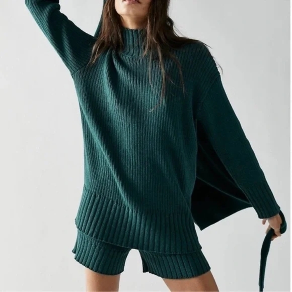 Free People Beach Trez Mock Neck Sweater Short Knit Set Oversized Green Size XS